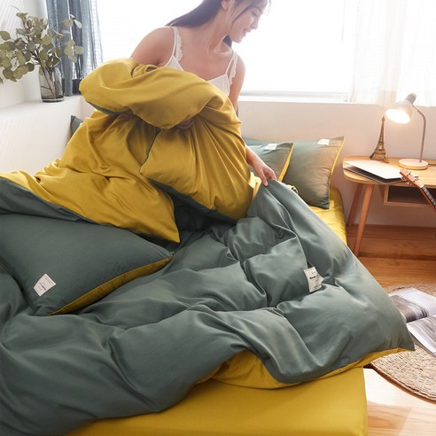 [코스릴] 단색으로 씻은 면 샌딩 격자 무늬 침대 시트 퀼트 커버, 과록색 살구 노란색