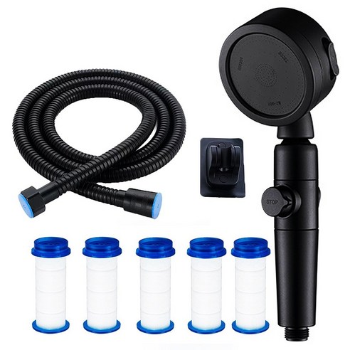 360도 회전 원터치 3단 조절 절수샤워기, 1세트, 블랙+필터5+호스+거치대