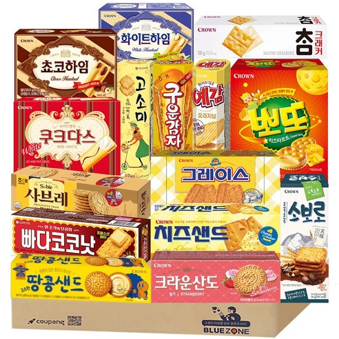 [블루존] 곽과자 15개입 A세트 (빠다코코낫+고소미+사브레+땅콩샌드+소보로+참크래커+크라운산도딸기+치즈샌드+쵸코하임+화이트하임+쿠크다스화이트+구운감자+예감+그레이스+뽀또치즈)