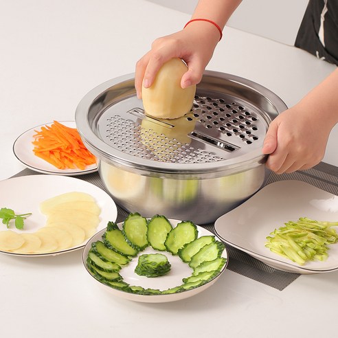 EISEN HOME 다기능 주방용 3종 세트 슬라이서 채썰기 스테인리스 원형바구니 야채 탈수기 과일 샐러드 탈수 바구니, 28CM