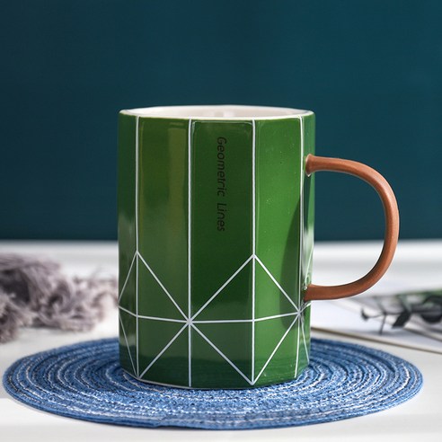 다각형 홍도토 창의 도자기 컵 라인 물컵 사무실 차 커피 컵 조주 머그컵, 초록색, 420ML