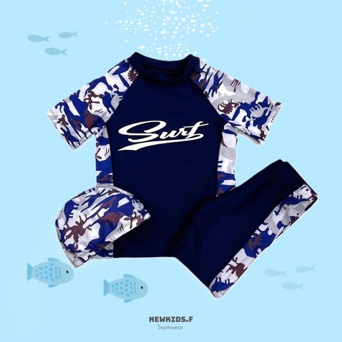 키즈 주니어 반팔 반바지 남아 실내 바닷가 생존수영 수영복 수영모 세트