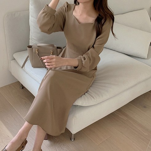 데일로엔 여성 로맨틱 하트넥 긴팔 롱 원피스