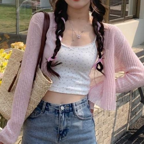 루시르 여성 여름 시스루 긴팔 크롭 린넨 가디건