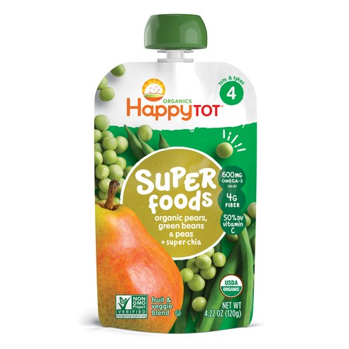 해피토트 슈퍼푸드 어린이 스무디 120g, 배 + 그린 빈스 + 완두콩 + 슈퍼 치아(Pears + Green Beans + Peas + Super Chia), 1개