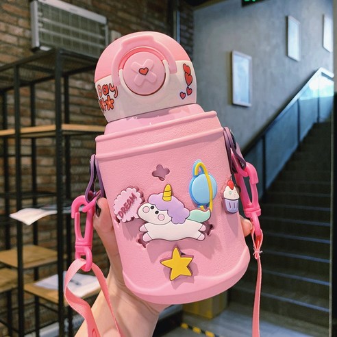 ZZJJC 캐릭터 텀블러 여고 비주얼 아이디어 소변 휴대 빨대 텀블러 홀컵, 핑크 500ml 빨대브러쉬2, 상규격