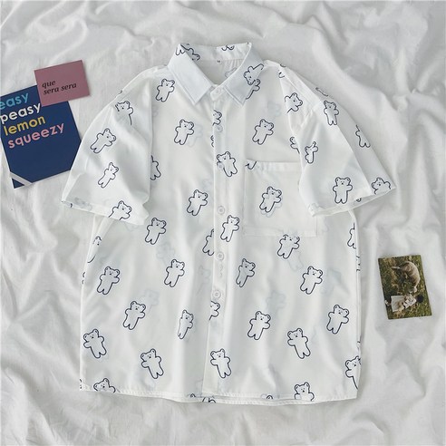 YANG 여름 새로운 한국 스타일 재미 인쇄 반팔 여성의 느슨한 모든 경기 흰색 카디건 셔츠