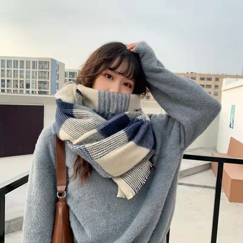 ANYOU 겨울 여성 패션 니트 목도리 체크