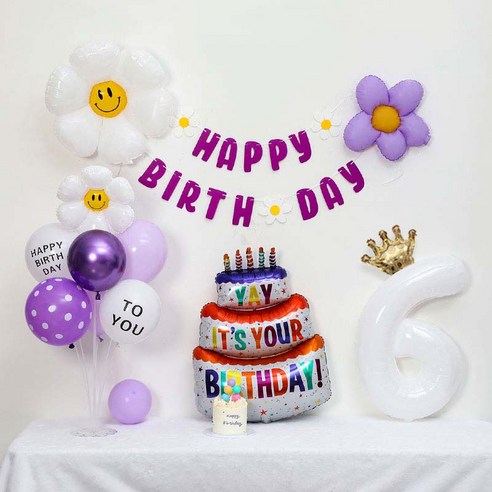 [피앤비유니티] 캐릭터무광데이지 생일케익풍선세트 스탠드형, 08-06)무광데이지생일풍선세트 6 보라, 1세트