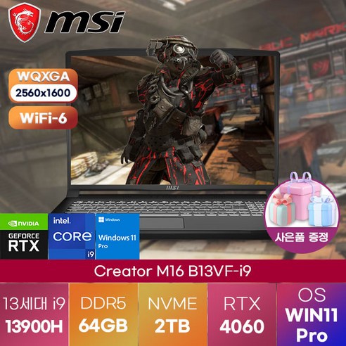 MSI 노트북 Creator M16 B13VF-i9 WIN11 고성능 게이밍 노트북, WIN11 Pro, 32GB, 2TB, 코어i9, 블랙