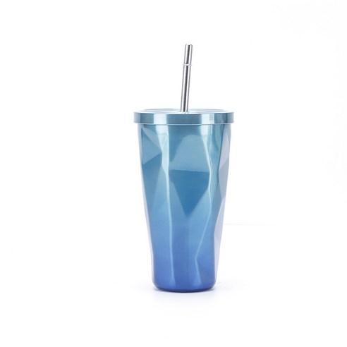 스테인리스강 빨대 컵 304 스테인리스강 이중 두꺼운 얼음 컵 휴대용 차량 적재 냉각 보온 컵, 500ml, 아이스 블루 그라데이션