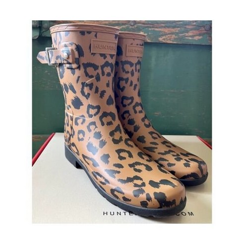 NIB New $185 Hunter Refined Hybrid Short Leopard Brown Animal Rain Boots Size 7