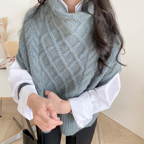 아모르데이 여성용 프링즈피셔조끼 알파카 울 혼방 터틀 폴라 레이어드 꽈배기 니트 베스트