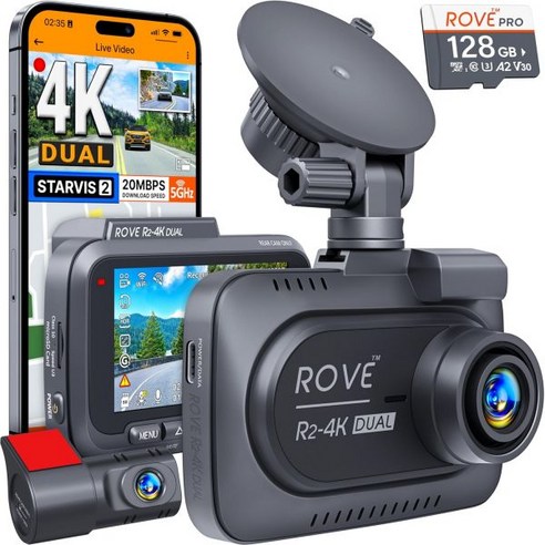 ROVE R2-4K 듀얼 대시 캠 전면 및 후면 스타비스 2 센서 무료 128GB 카드 포함 5G WiFi - 앱으로 최대 20MBs 가장 빠른 다운로드 속도 4K 2160PF