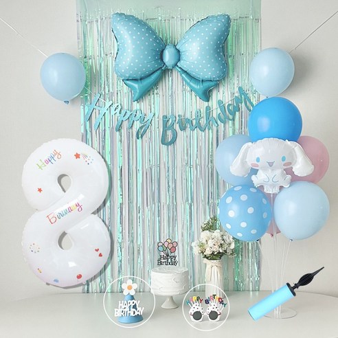 연지마켓 시나모롤 산리오 생일풍선 파티세트, 블루풀세트(화이트숫자 8)