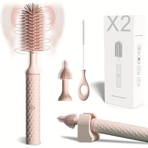 전기 병 브러시 세트 실리콘 병 브러시 유아용 브러시 3개 빨대 청소기 USB 충전식 방수 병 브러시, 1세트, 분홍색