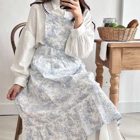 지지주 북유럽풍 프릴 데일리 앞치마, 1개, 블루