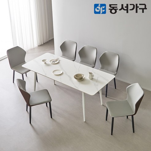 동서가구 캐빈SF 6인 safety 포세린 세라믹식탁세트 1800(레니스체어) DF644575, 마블화이트, 블랙[의자색상: 아이보리]