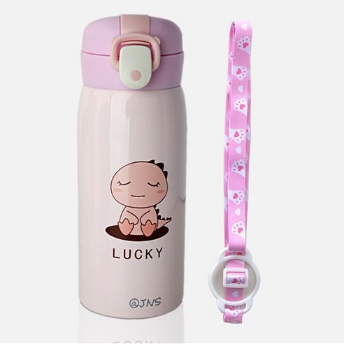 코코메이트 원터치 보온보냉 공룡 텀블러(350ml) 스트랩세트, 텀블러(핑크)/스트랩(핑크)