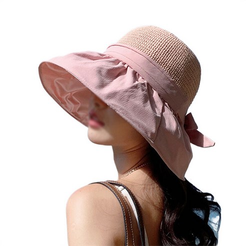 따봉오빠 여성 햇빛 차단 와이드 챙 빅 리본 라탄 벙거지 모자 YY5215, 핑크