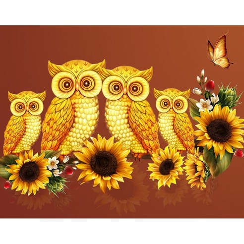 MJS 보석십자수 캔버스형 50 x 40 cm DIY 세 트 비즈함 증 정, 황금부엉이와나비, 1개