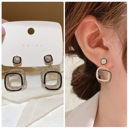 한국어 동대문 인터넷 연예인 더블 레이어 다이아몬드 박힌 정사각형 귀걸이 절묘한 모든 일치 우아한 귀걸이 귀걸이