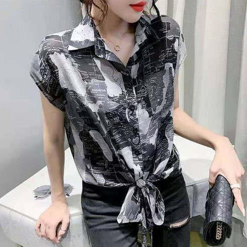 DFMEI 봄과 여름 새로운 꽃 서양식 쉬폰 셔츠 여성 기질 민소매 매듭 티셔츠 트렌디 탑