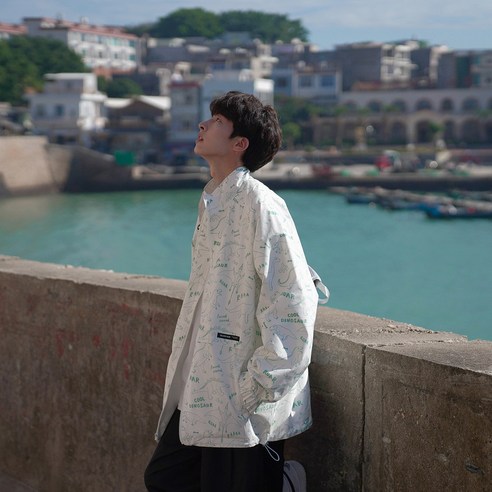 smyE 봄 남성 양면 재킷 한국어 스타일 스탠드 칼라 자켓 느슨한 캐주얼 세련된 유행 인쇄 자켓
