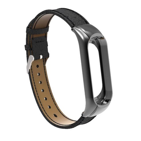 Xiaomi Mi Band 3 용 정품 가죽 스트랩 시계 밴드 - 스마트 시계 교체 스트랩 팔찌 + 금속 케이스 커버, 25cm, PU 가죽, 검은