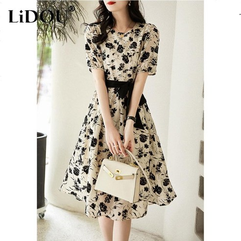 여성용 반팔 O넥 드레스 한국 프린트 우아한 패션 미적 파티 드레스 세련된 빈티지 로브 여름