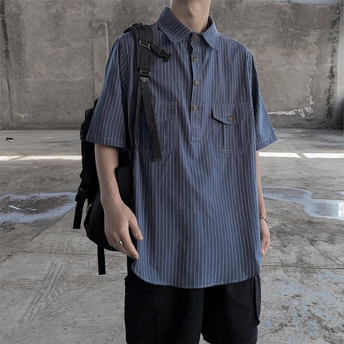 DFMEI 남성 캐주얼 셔츠 여름 풀오버 스트라이프 반소매 셔츠 남성 트렌디 루즈 작업복 일본 레트로 유행 브랜드 반팔 셔츠