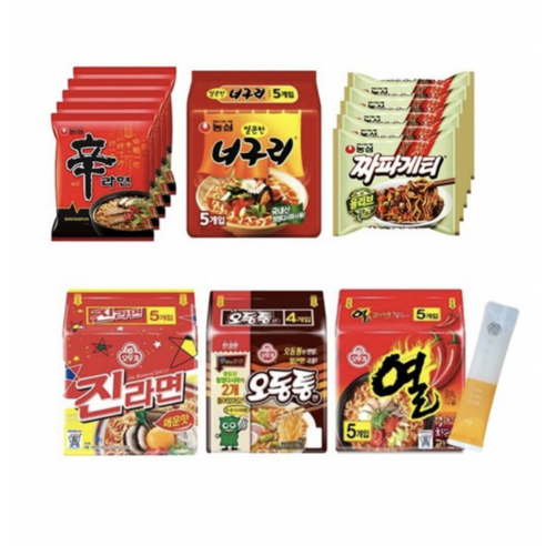 브랜드없음 농심 신라면 5개+너구리 5개+짜파게티 5개+오뚜기 진라면 매운맛 5개+열라면 5개+오동통면 4개, 1세트