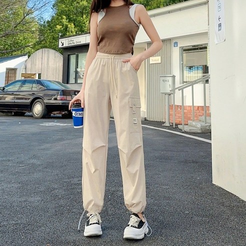 POMTOR 여성용 여름 데일리 빅사이즈 밴딩 카고 조거 팬츠 자외선차단 바지