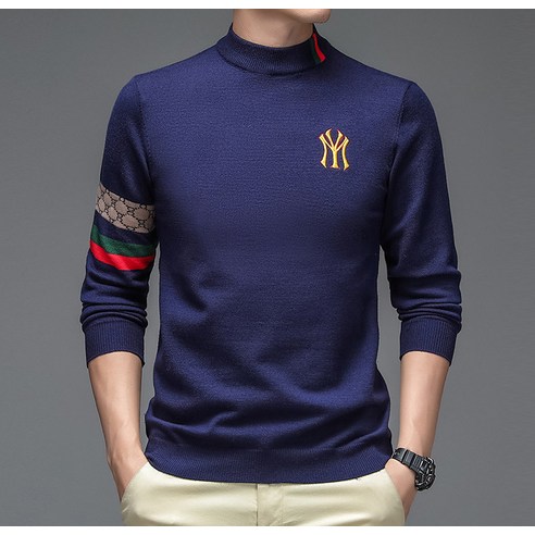 남자 패션 브랜드 스웨터 남자 가을 새로운 한국어 스타일 캐주얼 남성 스웨터 반 터틀넥 자수 스웨터 남자 스웨터