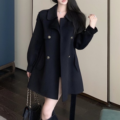 쪼예 클래식 울 트렌치 벨티드 퀄팅 모직 하프 코트