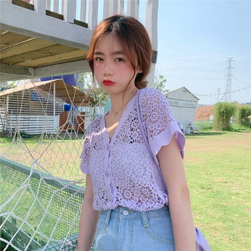 v넥 반팔 블라우스 여성 패션 섹시 펀칭 가디건, 자주색, {"사이즈":"평균"}