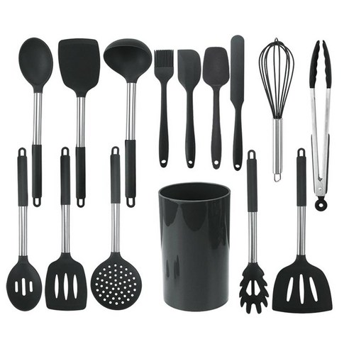 15Pcs 주방 가제트 조리기구 식기 세척기 안전 Nonstick 방지 주방 도구 조리기구 튀김 주방 액세서리 세트, 검은 색, 기타, 스테인레스 스틸