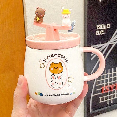 여자 캐릭터 곰 토끼 도자기 컵 창의적 취미 시소 머그컵 아침식사 캐릭터 물컵, 핑크/핑크, 400ML