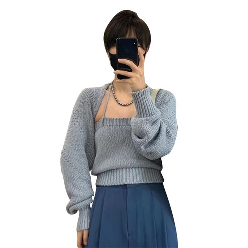 탱크 탑 및 스웨터 가디건 어깨를 w에 대한 한국 2 조각 가을 고삐