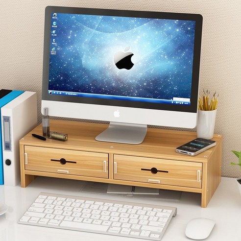 【Computer Rack】【컴퓨터 랙】자궁 경부 척추 보호 컴퓨터 디스플레이 화면 높은 선반 사무실 데스크탑 컴퓨터베이스 책 데스크탑 스토리지 랙, 더블레이어파티션라이트월넛(2서랍)
