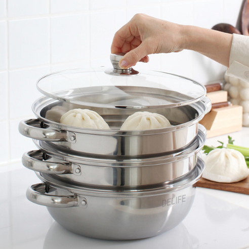 눕눕 3단 스테인레스 인덕션 찜기 전골 냄비 다용도 주방 만능 찜솥, 1개, 28cm