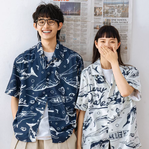 ANYOU 하와이안셔츠 커플셔츠 여름옷 커플룩여행 휴양지룩 오버핏 반팔셔츠 남녀공용