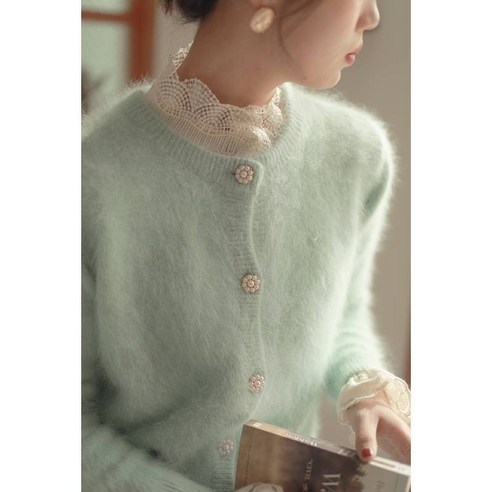 Mao프랑스어 서양식 느슨한 스웨터 가을 겨울 새로운 디자인 감각 민트 그린 모방 밍크 울 니트 카디건