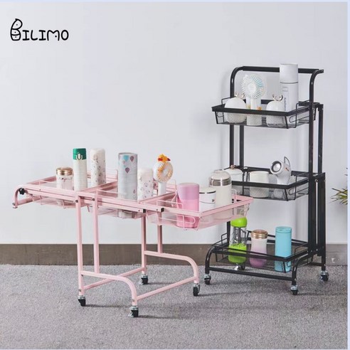 BILIMO 다층수납 회전선반 트롤리 다용도 이동식 원터치 접이식 주방 수납 3단, 블랙