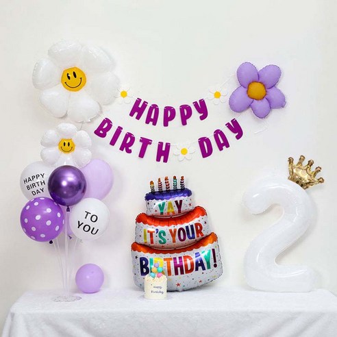 [피앤비유니티] 캐릭터무광데이지 생일케익풍선세트 스탠드형, 08-02)무광데이지생일풍선세트 2 보라, 1세트
