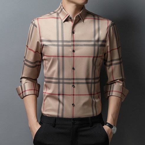 KORELAN 897-2262 봄 남성 패션 터틀넥 셔츠 중 청년 스트라이프 체크 캐주얼 블라우스 긴팔 셔츠