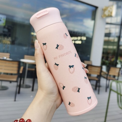 스테인리스 소녀 하트 컵 보온병 컵 여성 젖빛 섬세한 일본식 학생 간단한 귀여운 휴대용 컵 ins, 핑크 딸기 420 ml, 단일 컵