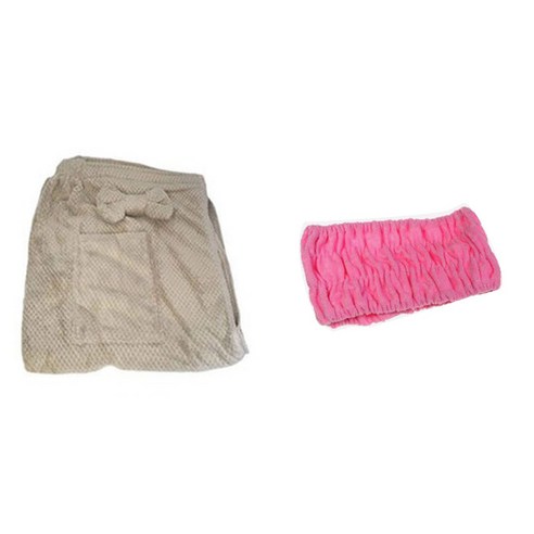 극세사 리본 치마 샤워 가운 + 세안 헤어 밴드, 리본치마 파인애플극세사(베이지)+주름세안밴드(색상랜덤)