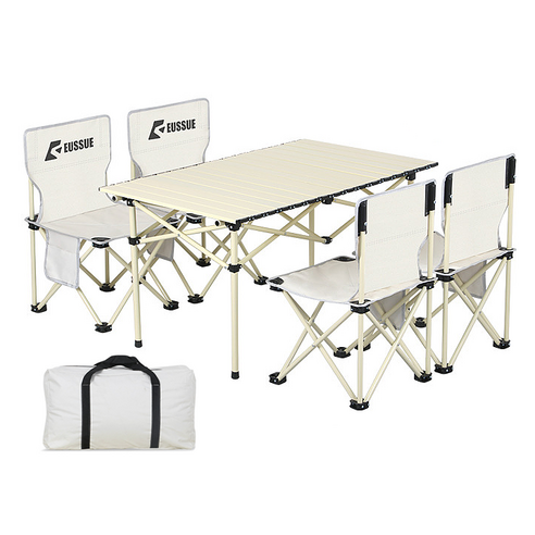 EPWEI 야외 캠핑 접이식 테이블 의자 세트 2 4 6 인용 튼튼한 휴대용 간편 체어, 네모난 탁자+4개 특대 접이식 의자, 베이지(라지 사이즈 수납백 증정)