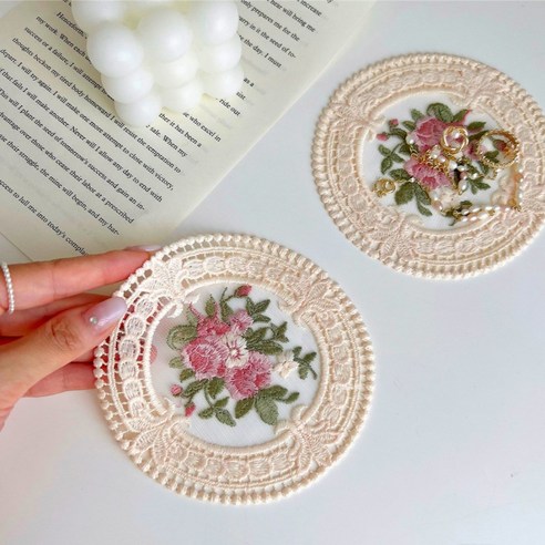 모소가 원형 플라워 레이스 자수 코스터 뜨개 컵받침, 2개, 살구베이지